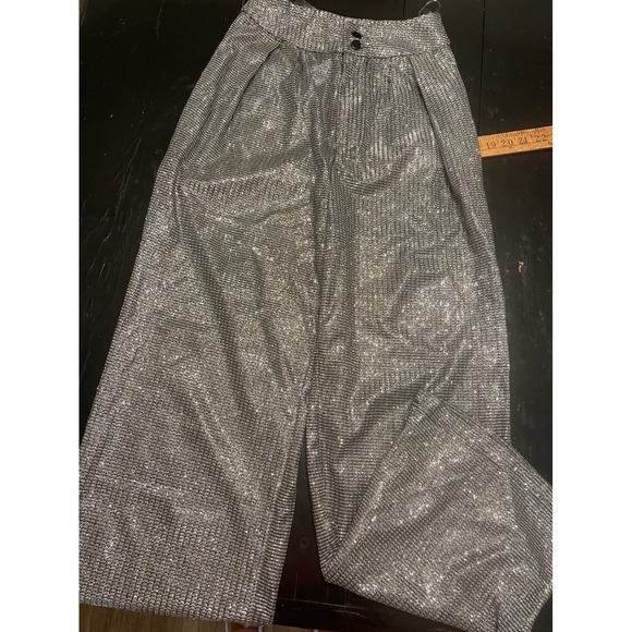 AKIRA Silver Sparkle Wide Leg Pants High Waisted Pleated Disco Glam Size S - Picture 5 of 5
